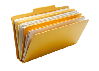 A stack of yellow manila folders with papers inside, isolated on transparent background