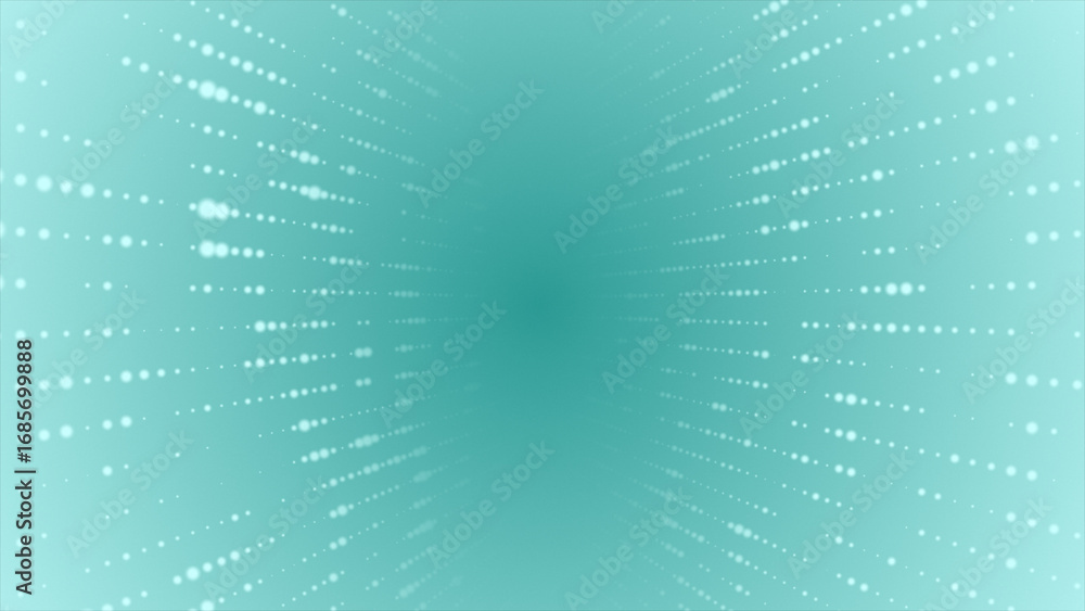 Poster cyan color shiny hi-tech digital particles, appearing and disappearing 3d glitter particles backgrou