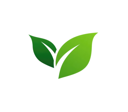 Two stylized, bright green leaves against a black background. 