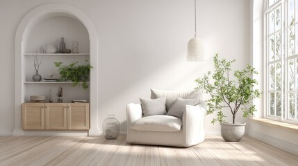 Bright, airy living space with archway shelf, comfy chair, potted plant, and big window