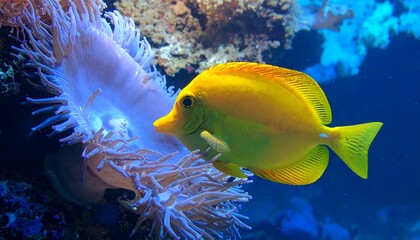 Vibrant yellow fish near anemone in aquarium