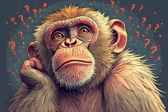 Monkey with a thoughtful expression surrounded by question marks.