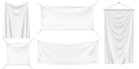 Realistic white vinyl or textile material poster on string 3D mockup vector set, hanging pennants or stretched canvas