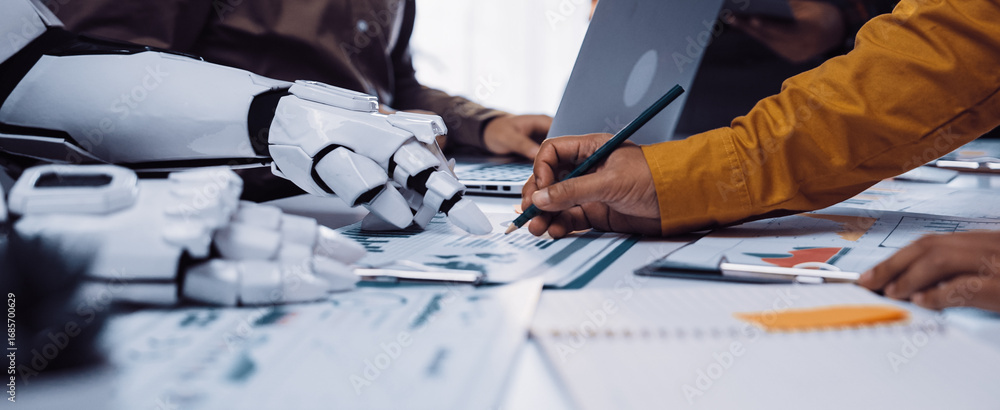 Poster a dynamic workspace illustrating the collaboration between a human and a robot, highlighting the fus