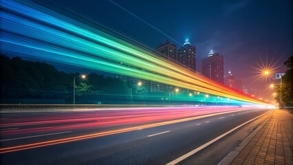 Obraz premium Rainbow City Nightscape Long Exposure Light Trails, Urban Landscape, Speed and Motion, Night Photography, City Lights Night photography, Light painting