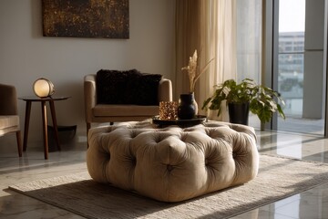 Elegant interior living room featuring a soft tufted bench pouf with stylish decor, natural light, and modern furnishings creating a cozy atmosphere