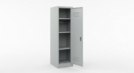 Sleek gray metal locker stands tall against bright studio lighting showcasing ample storage space. AI Generated
