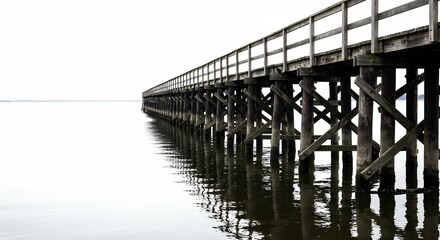 Long wooden pier stretches serenely into calm water under soft diffused light. AI Generated