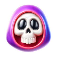 Cute cartoon grim reaper icon with big eyes and purple hood on black background