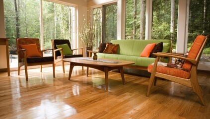 A sunlit living room with mid-century modern furniture, featuring a light green sofa, wooden chairs with orange and brown patterned cushions, and a glossy hardwood floor.