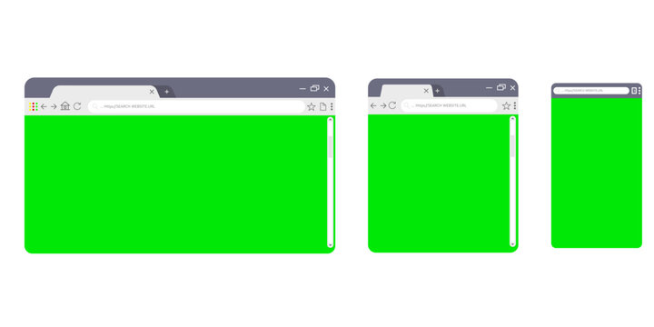 Web Browser Windows on display: Three web browser windows in varying sizes are showcased against a clean background, each with a vibrant green screen, symbolizing a digital interface or display area.