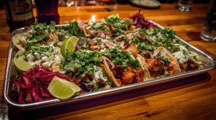Tray of diverse tacos piled high with toppings sits on a wooden table