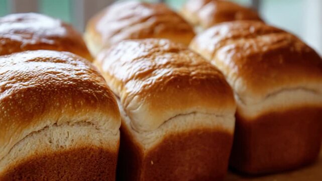 Fresh bread arranged on a rustic wooden surface, great for food or interior scenes