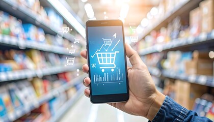 A hand holds a phone displaying a shopping cart icon, in a blurry grocery store setting
