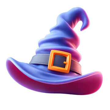 A whimsical stylized purple witch s hat with an orange buckle on a black background