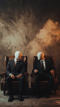 Two Slendermen wearing suits are sitting on armchairs in a dark room with smoke
