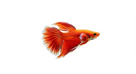 Fototapeta premium Vibrant orange betta fish gracefully swims against bright white background. AI Generated