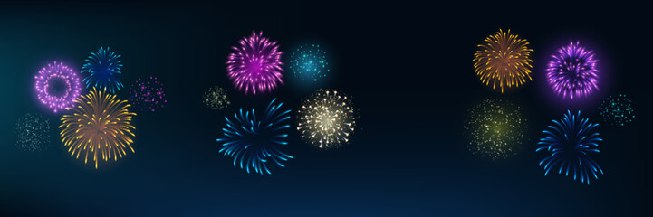 Fireworks salute with shining sparks, festive firecracker burst, colorful pyrotechnic shimmering explosion vector illustration