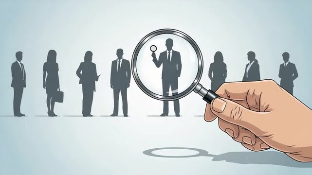 Hand holding magnifying glass over a group of people standing in a row for recruitment concept