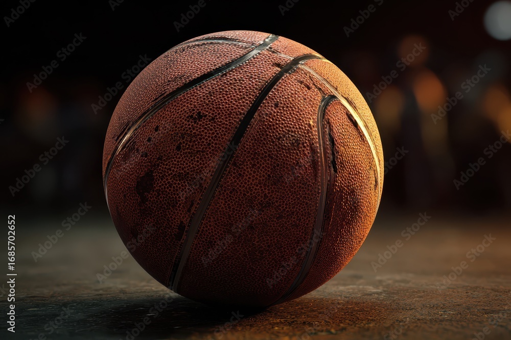 Poster realistic image of a well-used basketball resting on a gym floor in soft lighting, showcasing its te