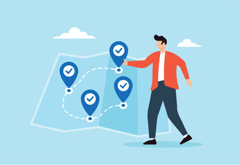 Flat illustration of freelancer navigating task map with checklist icons as destination markers to represent progress tracking and workflow planning