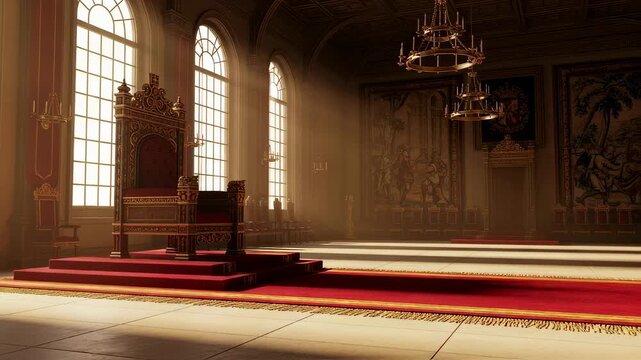 Royal throne and a majestic hall with sun rays illuminating through large arched windows, historical interior footage.