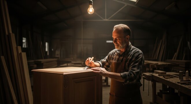 Mature caucasian male woodworker crafting furniture in workshop under warm light