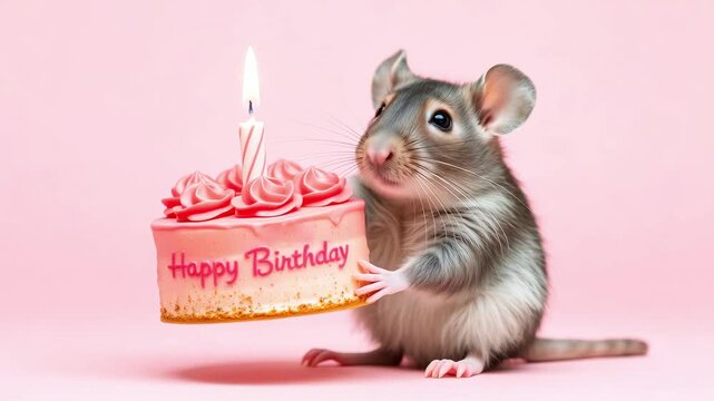 Cute mouse holding birthday cake with lit candle on pink background, Happy Birthday celebration concept, funny pet greeting card