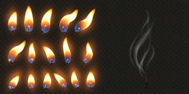 Realistic candle fire flames, vector set of 3D flare and smoke texture on transparent background, burning wick animation