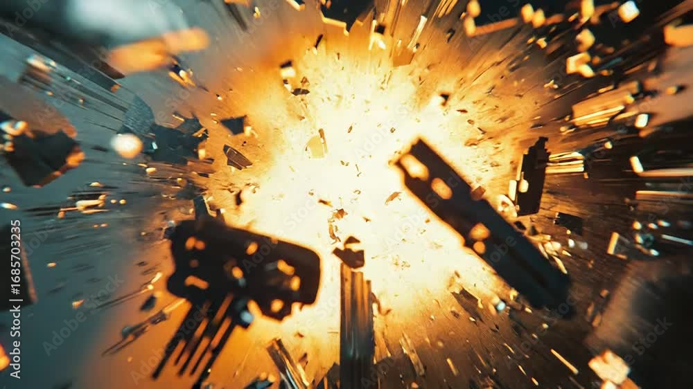 Poster electronic components exploding in a bright orange flash