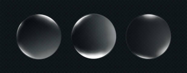 3D liquid glass disc with halo effect. Transparent glossy UI element. Round acrylic button or mirror, futuristic sphere, lens or token for digital interface, game asset, tech design. 3d vector