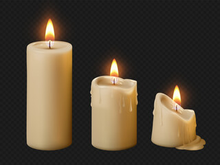 Vector icons of wax candle set with realistic flame. Combustion process.