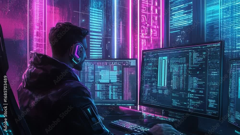 Poster programmer working on futuristic computer in neon lit room