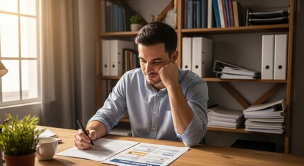 Young caucasian male adult working at desk with papers in well-lit office space