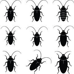 Cockroach Insect Black Silhouette Icon Vector Set Pest Control Cockroach Silhouette Design Symbol Collection