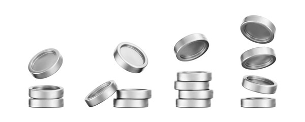 3D silver coin stack set with a chrome metallic effect, isolated on a dark background. Render of chrome coins, game token, digital currency icons or silver reward medals. 3D vector illustration
