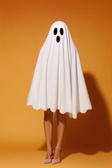 Woman wearing Halloween ghost costume, spooky and festive Halloween party invitation with copy space