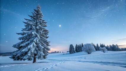 Snowy Landscape Starry Night, Single Fir Tree Composition, Winter Wonderland Scene. Winter, Snowscape