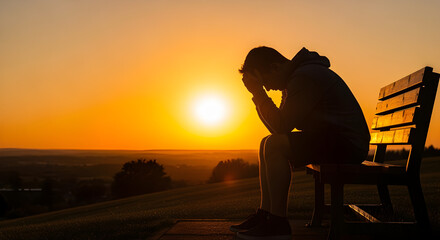 Silhouette of Man Sitting on Bench with Hands on Head at Sunset
