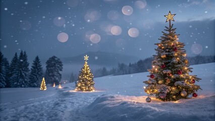 Snowy Night Christmas Trees Illuminated Pines in Winter Wonderland, bokeh, snow, landscape photography Christmas, Winter