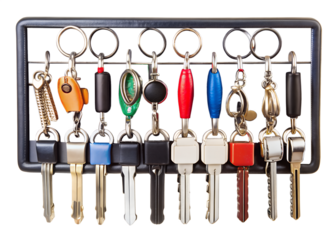 A collection of various keys on a key holder, isolated on transparent background