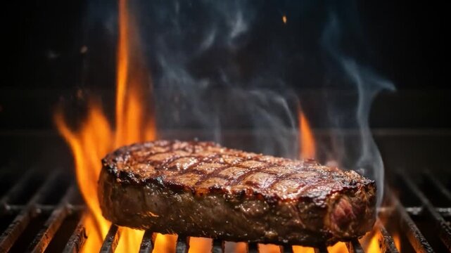 Sizzling steak on grill with flames broiling meal preparation and outdoor cooking