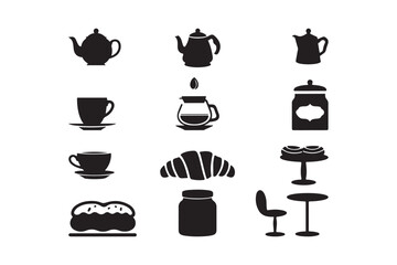 Collection of black silhouette icons for coffee and pastries