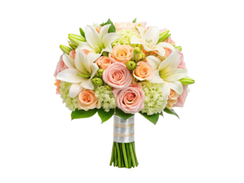 Beautiful bridal bouquet with pink roses and white lilies isolated on transparent background
