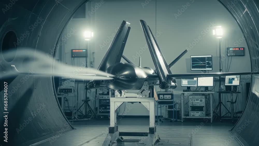 Aufkleber an unmanned aerial vehicle with folding wings mounted in a wind tunnel inside a lab to evaluate perf