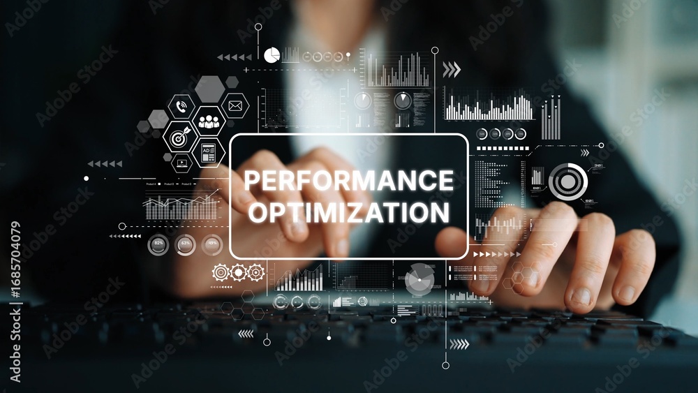 Poster businessperson engaging in data analysis for performance optimization with digital graphics and stat
