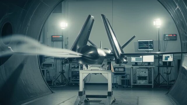 An unmanned aerial vehicle with folding wings mounted in a wind tunnel inside a lab to evaluate performance under simulated turbulent airflow.