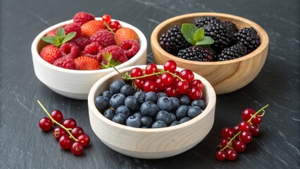 Summer Berries in Bowls Raspberries, Strawberries, Blueberries, Blackberries and Red Currants, Food Photography, Still Life Berry bowls, summer fruit