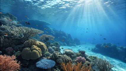 Sunlit Coral Reef Seascape Vibrant Underwater Composition, Tropical Fish, Ocean Scene, Coral Biodiversity Underwater photography, Reefscape