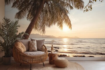 Tropical beach wallpaper at sunset featuring palm trees, waves, and cozy seating area for relaxation and tranquility